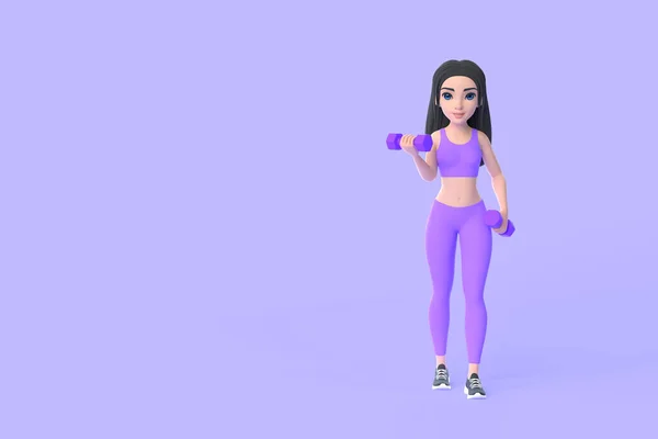 Cartoon Χαρακτήρα Γυναίκα Στα Αθλητικά Κάνοντας Ασκήσεις Αλτήρες Μωβ Φόντο — Φωτογραφία Αρχείου