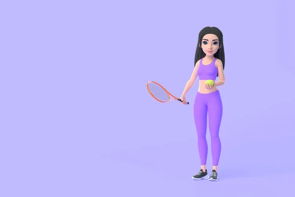 紫色の背景でテニスをするスポーツウェアの漫画のキャラクターの女性 3Dレンダリングイラスト — ストック写真