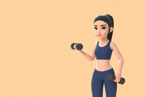 Cartoon Χαρακτήρα Γυναίκα Στα Αθλητικά Κάνοντας Ασκήσεις Αλτήρες Μπεζ Φόντο — Φωτογραφία Αρχείου