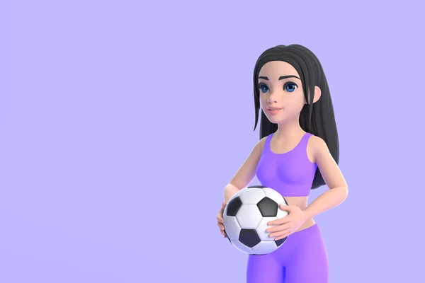 Мультиплікаційний Персонаж Жінка Спортивному Одязі Тримає Футбольний Фіолетовому Фоні Ілюстрація — стокове фото