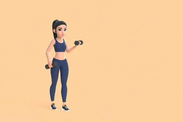 Cartoon Character Woman Sportswear Doing Exercises Dumbbells Beige Background Render — Stock Photo, Image