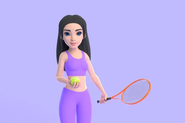 Spor Giyinen Çizgi Film Karakteri Kadın Mor Arka Planda Tenis — Stok fotoğraf