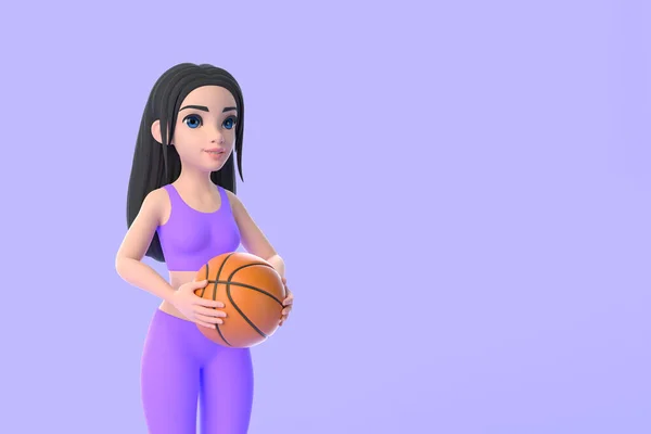 Cartoon Postava Žena Sportovním Oblečení Drží Basketbal Fialovém Pozadí Vykreslování — Stock fotografie