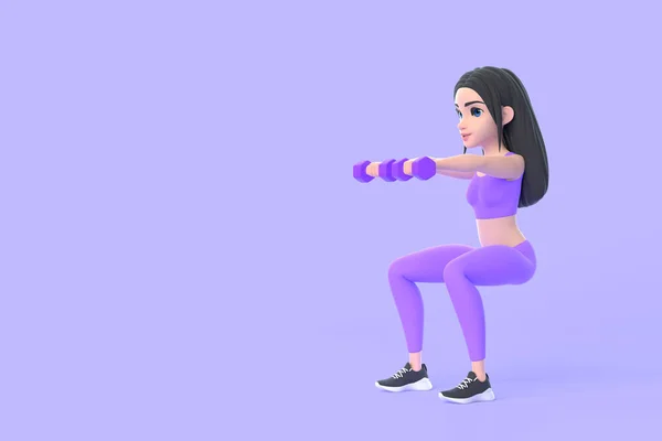 穿着运动服的卡通人物女人用紫色背景的哑铃做运动 3D渲染说明 — 图库照片