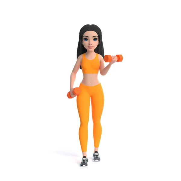 Cartoon Character Woman Sportswear Doing Exercises Dumbbells Isolated White Background — Stock Photo, Image
