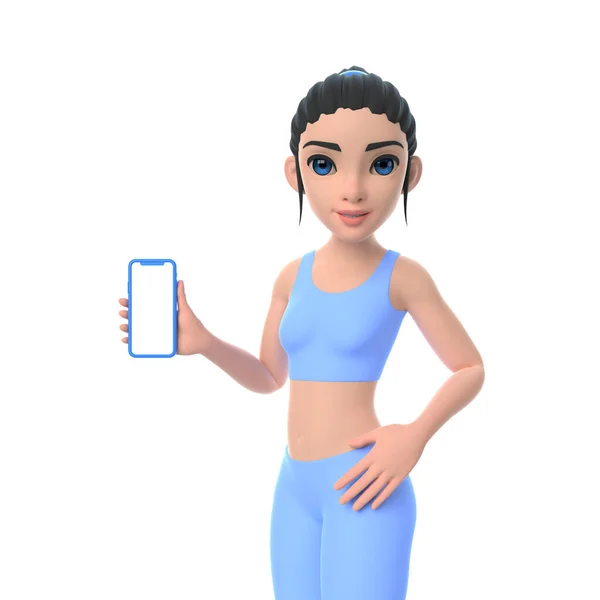 スポーツウェアの漫画キャラクターの女性は白い白い空白のスクリーンのモックアップが白い背景で隔離されたスマートフォンを示しています 3Dレンダリングイラスト — ストック写真