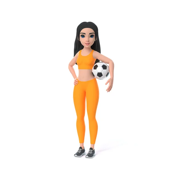 Personaje Dibujos Animados Mujer Ropa Deportiva Sosteniendo Pelota Fútbol Aislado —  Fotos de Stock