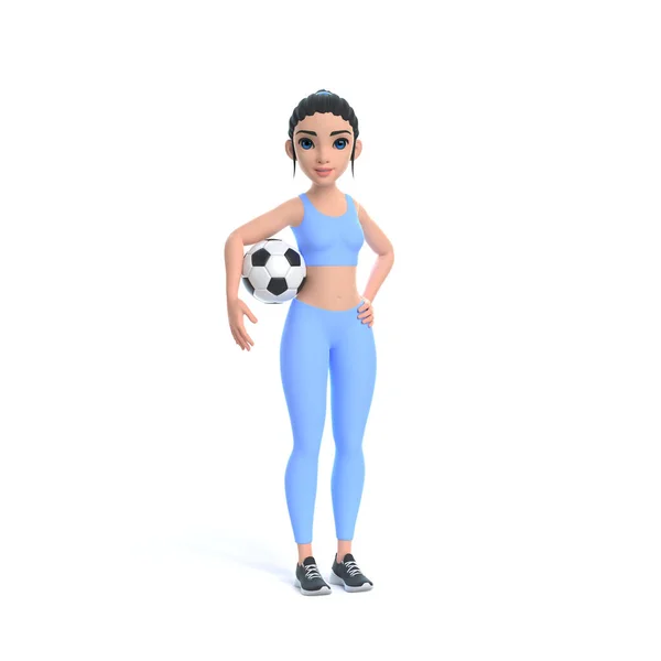Personaje Dibujos Animados Mujer Ropa Deportiva Sosteniendo Pelota Fútbol Aislado —  Fotos de Stock