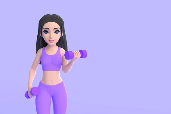 Cartoon Character Woman Sportswear Doing Exercises Dumbbells Purple Background Render — Stock Photo, Image