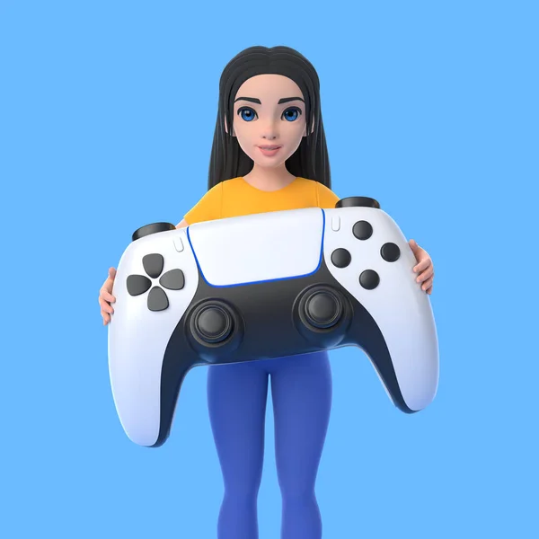 Cartoon character woman holds a large gamepad on blue background. 3D render illustration