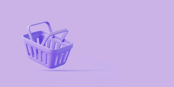 紫色背景的飞行卡通购物篮 简约风格的空购物车 3D渲染说明 — 图库照片