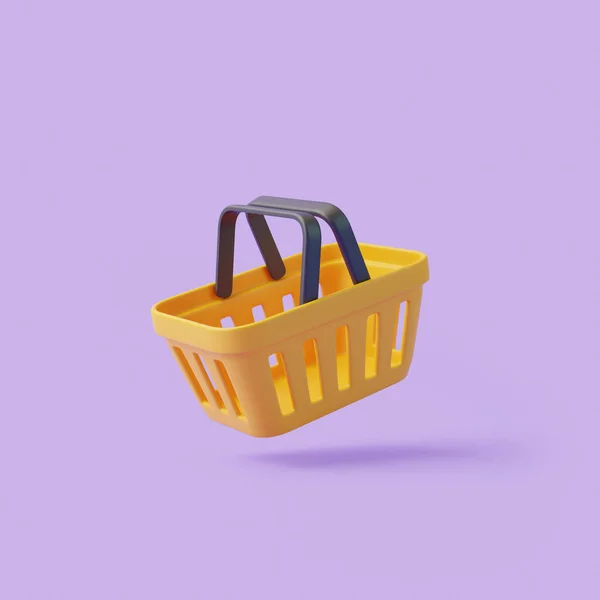紫色背景的飞行卡通购物篮 简约风格的空购物车 3D渲染说明 — 图库照片
