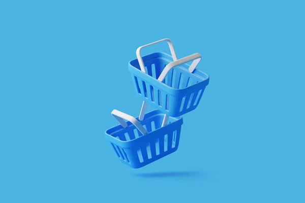 Fliegende Cartoon Einkaufskörbe Auf Blauem Hintergrund Minimal Leere Einkaufswagen Darstellung — Stockfoto