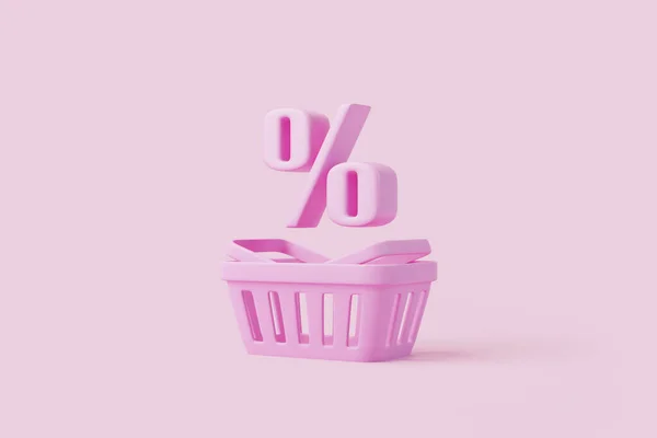 Cartoon shopping basket with percent sign on pink background. Minimal style grocery shopping cart. 3D render illustration
