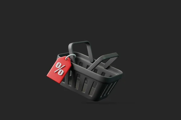 Flying cartoon shopping basket and price tag with percent sign on black background. Minimal style grocery shopping cart. 3D render illustration