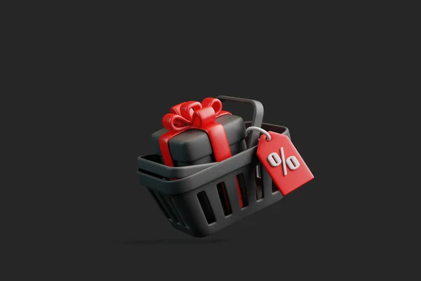 Flying cartoon shopping basket, gift box and price tag with percent sign on black background. Minimal style grocery shopping cart. 3D render illustration