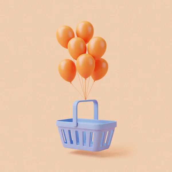 Flying cartoon shopping basket with balloons on beige background. Minimal style grocery shopping cart. 3D render illustration