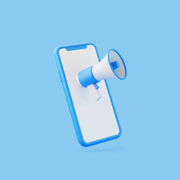 Cartoon Megaphone Mobile Phone Blue Background Loudspeaker Bullhorn Minimal Style — Stock Photo, Image