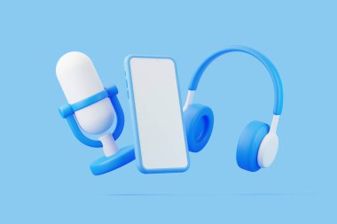 Çizgi film mikrofonu, kulaklık ve mavi arka planda uçan akıllı telefon. Asgari yaratıcı konsept. 3 Boyutlu resimleme