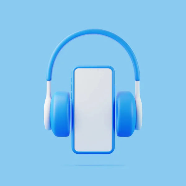 Rajzfilm Fejhallgató Okostelefon Repül Kék Háttér Minimális Kreatív Koncepció Renderelés — Stock Fotó