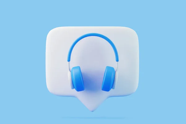 带有语音泡沫信息的卡通耳机在蓝色背景下飘扬 呼叫中心和在线客户支持 最小的创意概念 3D渲染说明 — 图库照片