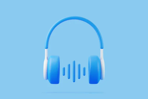 蓝底有声波的卡通耳机 听音乐 播客和书籍的概念 最小的创意概念 3D渲染说明 — 图库照片