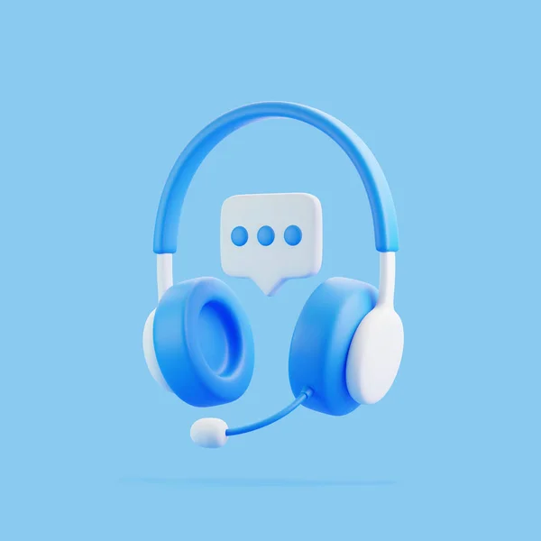 带有语音泡沫信息的卡通耳机在蓝色背景下飘扬 呼叫中心和在线客户支持 最小的创意概念 3D渲染说明 — 图库照片