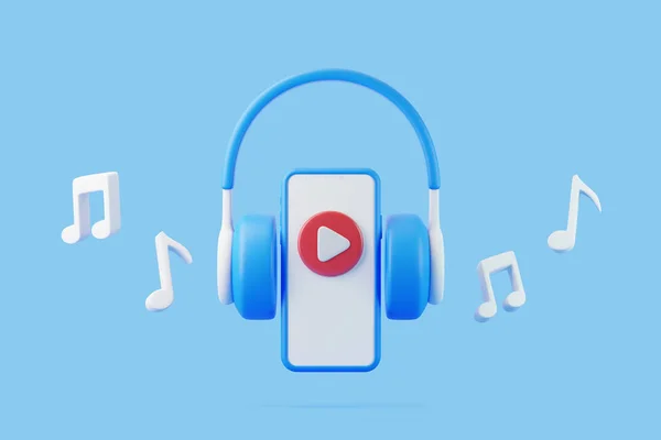 卡通耳机 智能手机和带有播放符号的旋律音符在蓝色背景上飘扬 听音乐 播客和书籍的概念 最小的创意概念 3D渲染说明 — 图库照片