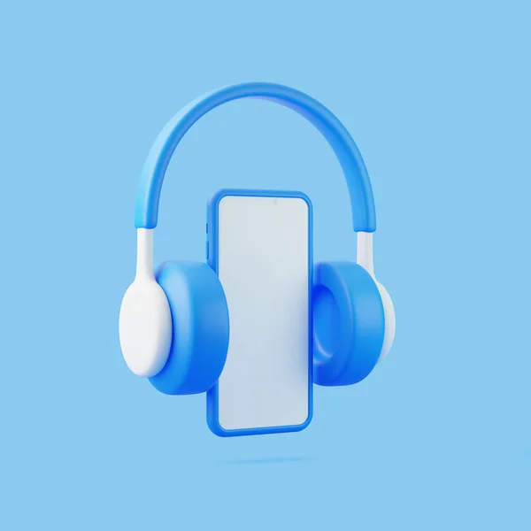 Cartoon Koptelefoon Smartphone Vliegen Blauwe Achtergrond Minimaal Creatief Concept Weergave — Stockfoto