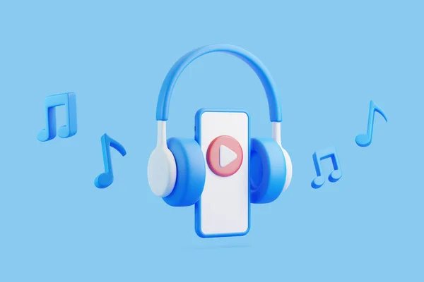 卡通耳机 智能手机和带有播放符号的旋律音符在蓝色背景上飘扬 听音乐 播客和书籍的概念 最小的创意概念 3D渲染说明 — 图库照片
