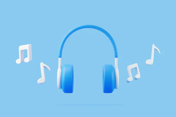 Mavi Arka Planda Uçuşan Çizgi Film Kulaklıkları Melodi Notaları Müzik — Stok fotoğraf