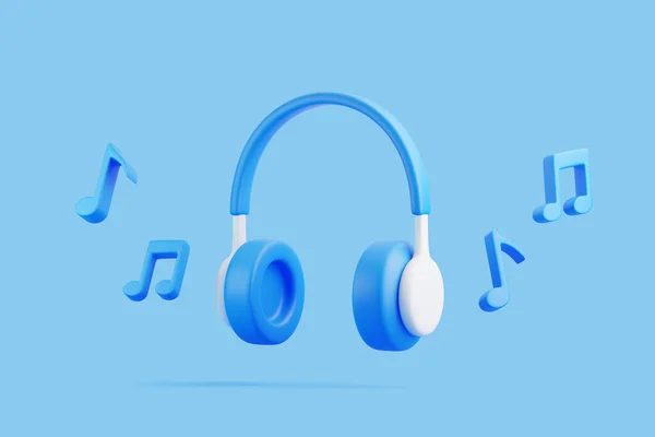 卡通耳机和旋律音符在蓝色背景上飘扬 听音乐 播客和书籍的概念 最小的创意概念 3D渲染说明 — 图库照片