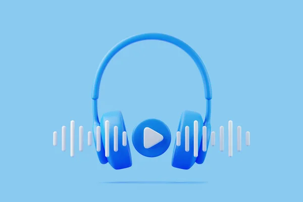 Cartoon Headphones Play Symbol Sound Wave Blue Background Minimal Creative — Stock Photo, Image