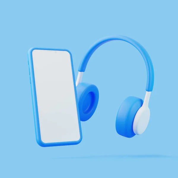 Cartoon Kopfhörer Und Smartphone Fliegen Auf Blauem Hintergrund Minimales Kreatives — Stockfoto