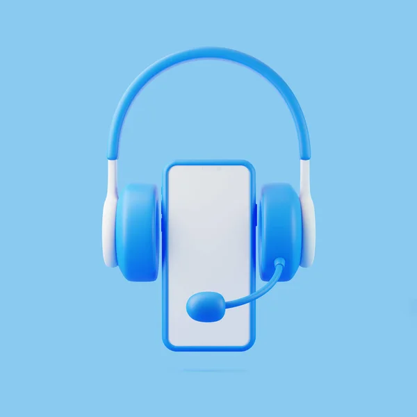 青い背景に飛ぶ漫画のヘッドフォンとスマートフォン 最小限のクリエイティブコンセプト 3Dレンダリングイラスト — ストック写真