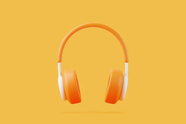 Cartoon Kopfhörer Fliegen Auf Orangefarbenem Hintergrund Minimales Kreatives Konzept Darstellung — Stockfoto