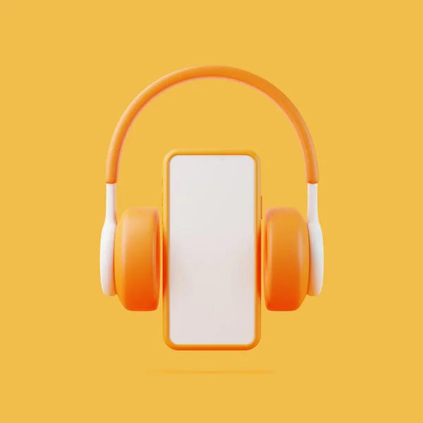 オレンジ色の背景に飛んでいる漫画のヘッドフォンとスマートフォン 最小限のクリエイティブコンセプト 3Dレンダリングイラスト — ストック写真