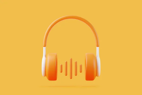 オレンジ色の背景にサウンド波が付いている漫画のヘッドフォン ラジオ ポッドキャスト 本を聴くコンセプト 最小限のクリエイティブコンセプト 3Dレンダリングイラスト — ストック写真
