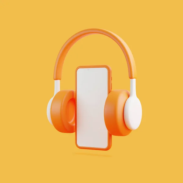 Cartoon Kopfhörer Und Smartphone Fliegen Auf Orangefarbenem Hintergrund Minimales Kreatives — Stockfoto