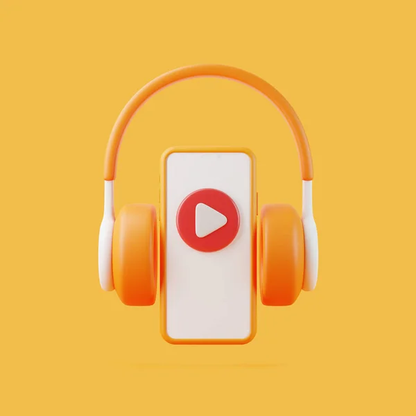 オレンジ色の背景に飛ぶ遊びのシンボルを持つ漫画のスマートフォン ラジオ ポッドキャスト 本を聴くコンセプト 最小限のクリエイティブコンセプト 3Dレンダリングイラスト — ストック写真