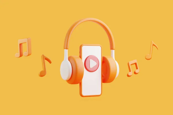 オレンジ色のバックグラウンドで飛ぶ遊びのシンボルを持つ漫画のヘッドフォン スマートフォン メロディーノート ラジオ ポッドキャスト 本を聴くコンセプト 最小限のクリエイティブコンセプト 3Dレンダリングイラスト — ストック写真