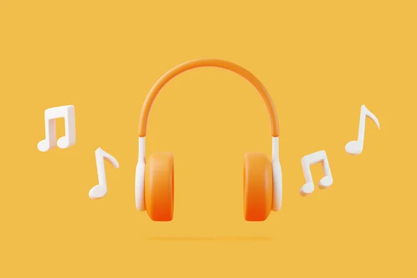 Tecknad Hörlurar Och Melodi Flyger Orange Bakgrund Begreppet Att Lyssna — Stockfoto