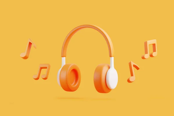 オレンジ色のバックグラウンドで飛ぶ漫画のヘッドフォンとメロディノート ラジオ ポッドキャスト 本を聴くコンセプト 最小限のクリエイティブコンセプト 3Dレンダリングイラスト — ストック写真