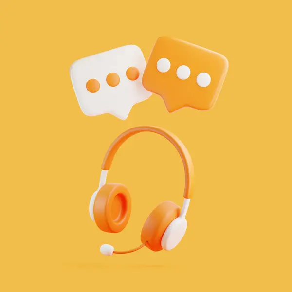 オレンジ色の背景に飛んでいるスピーチバブルメッセージを持つ漫画のヘッドフォン コールセンターとオンラインカスタマーサポート 最小限のクリエイティブコンセプト 3Dレンダリングイラスト — ストック写真