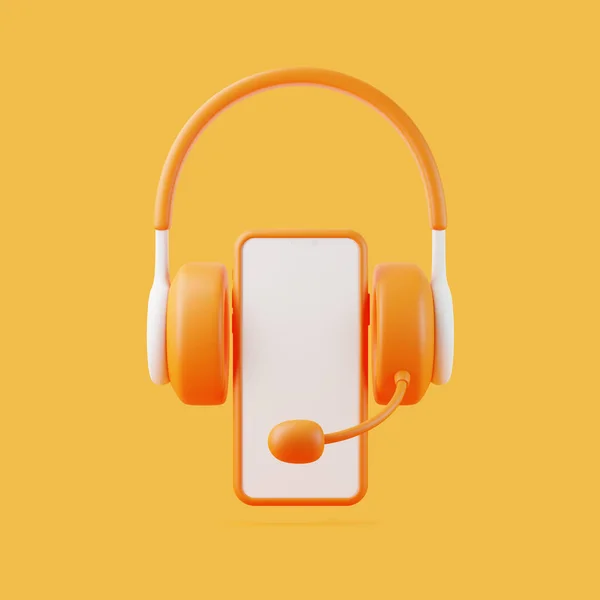 オレンジ色の背景に飛んでいる漫画のヘッドフォンとスマートフォン 最小限のクリエイティブコンセプト 3Dレンダリングイラスト — ストック写真