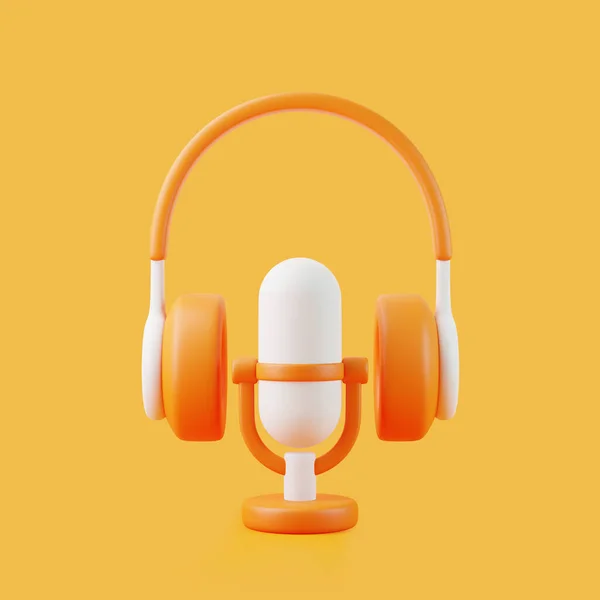 Cartoon Mikrofon Und Kopfhörer Fliegen Auf Orangefarbenem Hintergrund Minimales Kreatives — Stockfoto