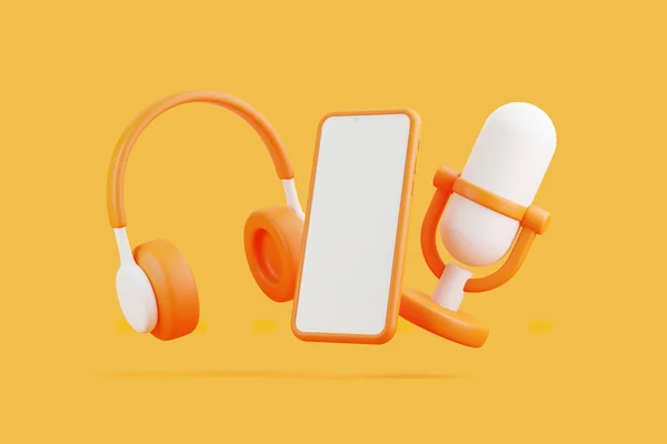 カートゥーンマイク ヘッドフォン スマートフォンがオレンジ色の背景を飛んでいます 最小限のクリエイティブコンセプト 3Dレンダリングイラスト — ストック写真