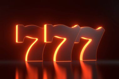 Siyah arka planda neon turuncu ışıkları olan üç şanslı yedili. Kumarhane sembolü. 3 Boyutlu resimleme