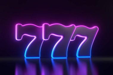 Siyah arka planda neon mavi ve pembe ışıkları olan üç şanslı yedili. Kumarhane sembolü. 3 Boyutlu resimleme