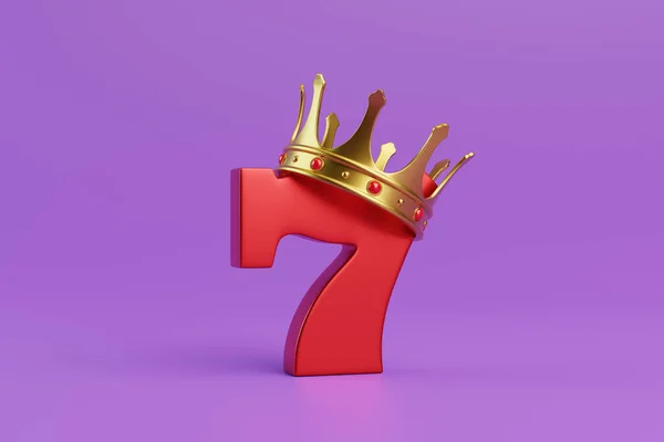 Red lucky seven with a gold crown on a purple background. Casino symbol. 3D render illustration